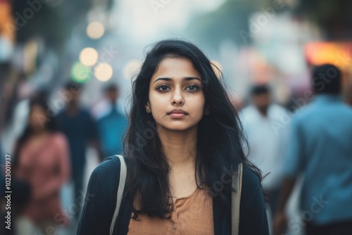 Minimalistic portrait of a young indian woman in urban setting for modern design inspiration