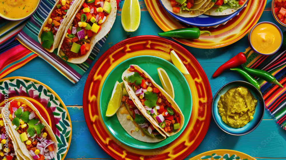 Mexican food background: tacos with salsa, guacamole and vegetables. Mexican food background: tacos with salsa, guacamole and vegetables.