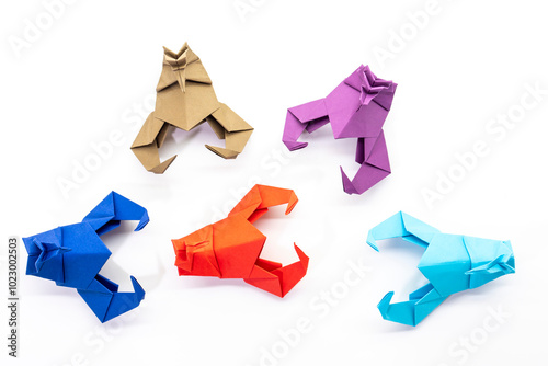 paper colored scorpions isolated on white background. origami crafts. origami. photo