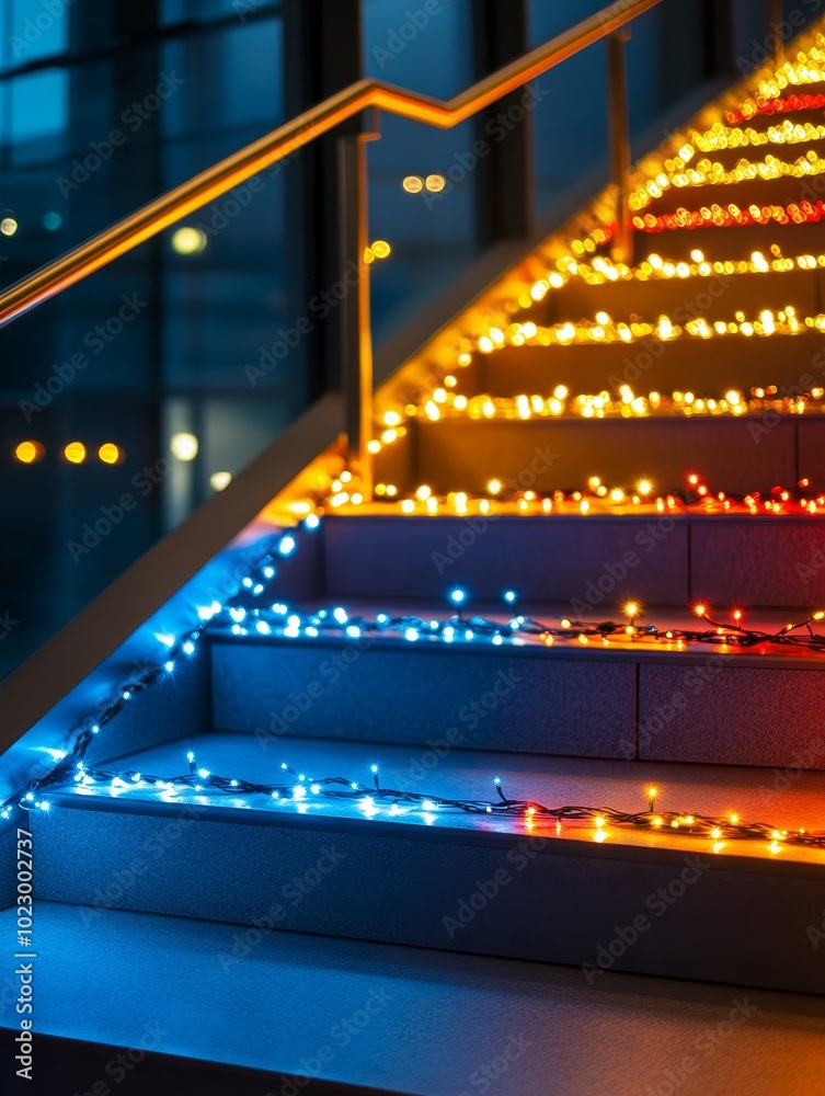 Colorful LED lights illuminating a modern staircase in a contemporary building at twilight Colorful LED lights illuminating a modern staircase in a contemporary building at twilight