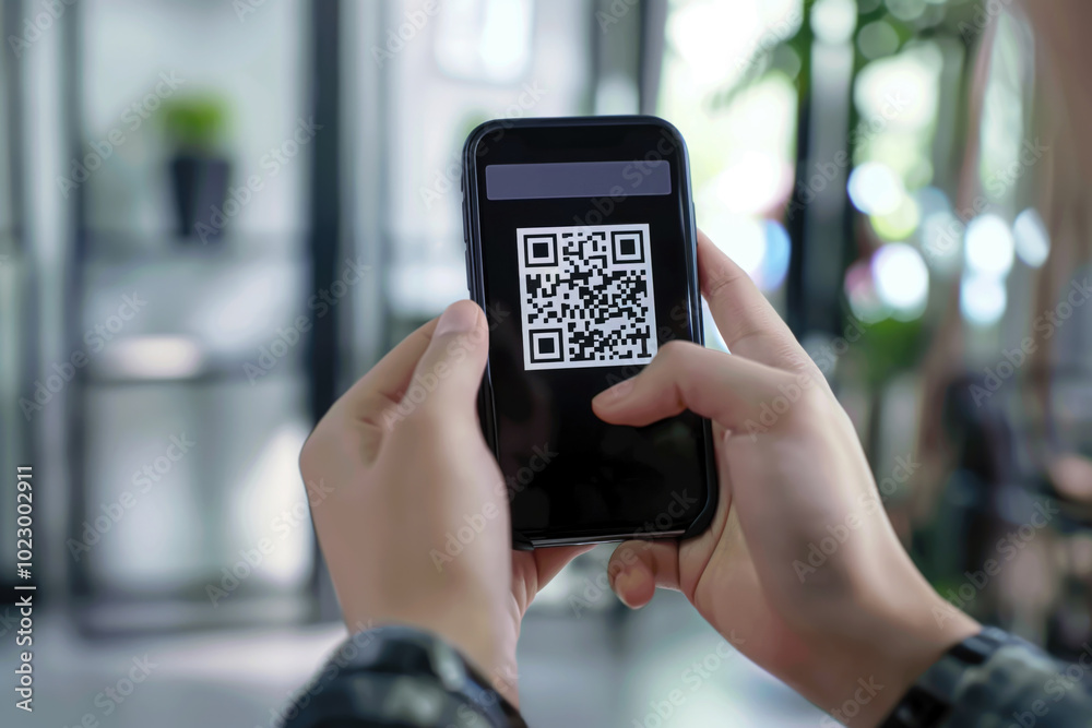Scanning QR code on smartphone screen.