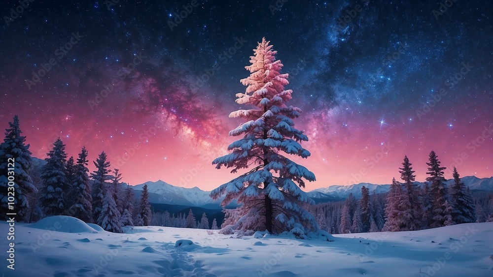 Fototapeta premium Snow-Covered Pine Under a Starry Night Sky