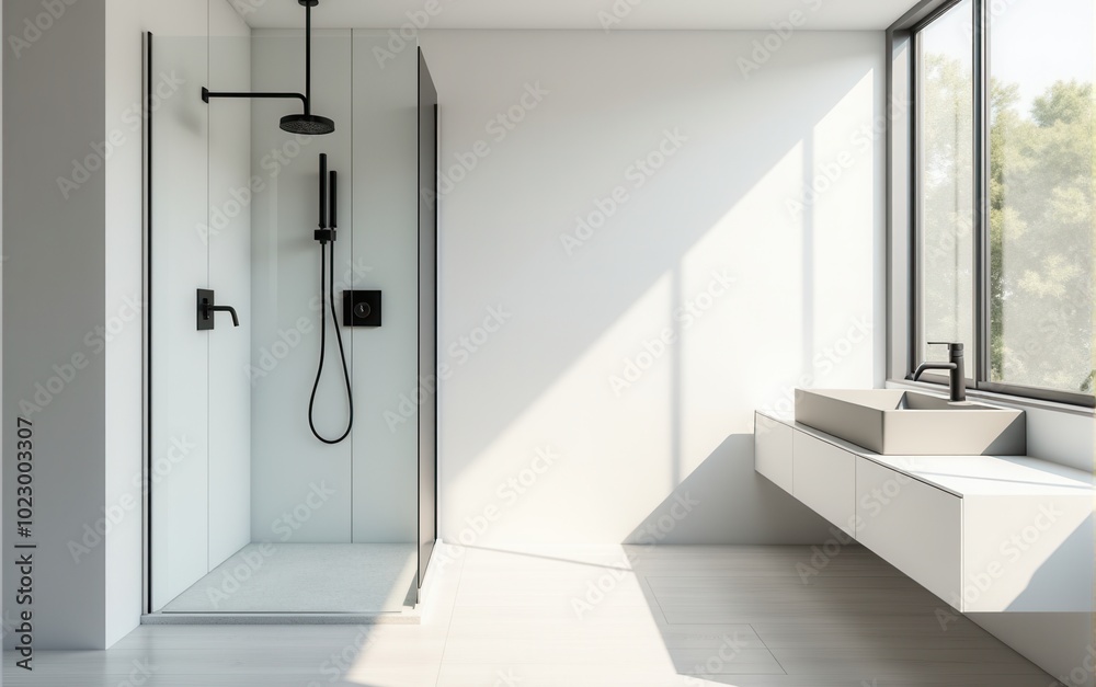 Cozy bathroom with a modern design. Spacious shower with black fixtures, round mirror, white tiles, and wooden furniture creating a harmonious and calming space. Cozy bathroom with a modern design. Spacious shower with black fixtures, round mirror, white tiles, and wooden furniture creating a harmonious and calming space.