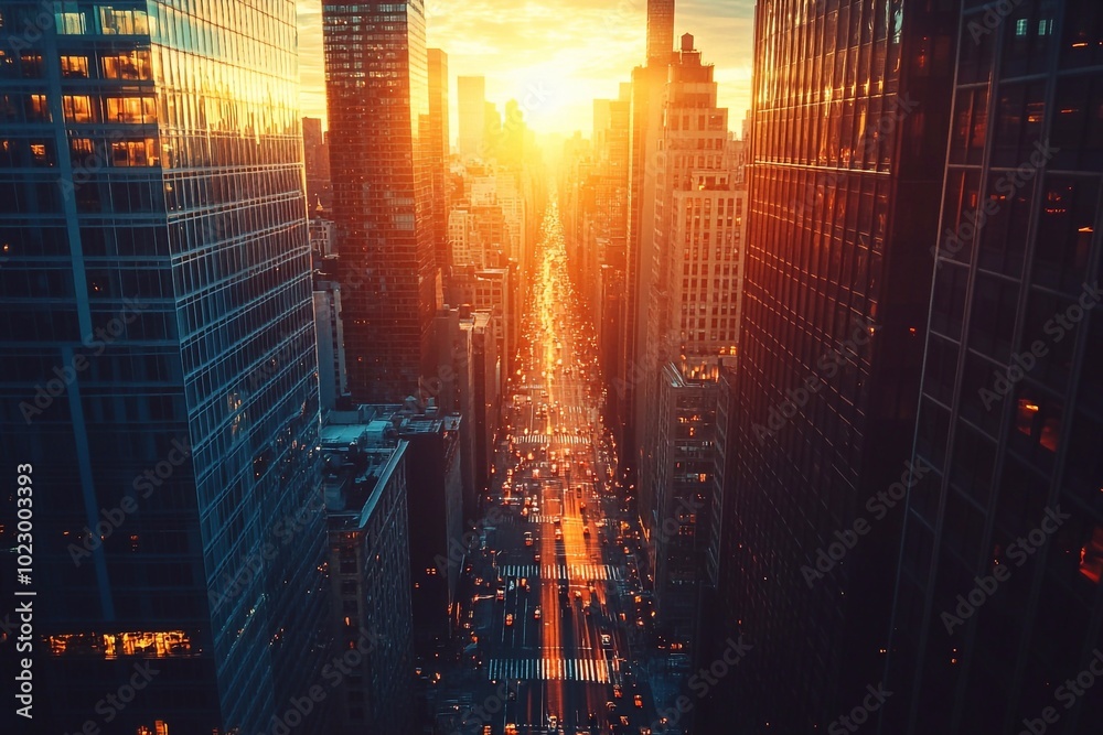 Fototapeta premium A view of a modern city from a height, where the sunset illuminates the streets and buildings. Ideal for urban themes.