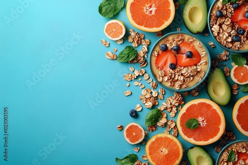 Wallpaper Mural 
Colorful and bright background with healthy breakfast decorated with fresh fruits, avocado and superfoods. Torontodigital.ca