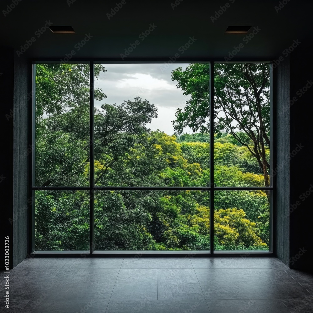 Naklejka premium Forest view window, Lush green trees, Peaceful nature, Scenic outdoors, Large window scene