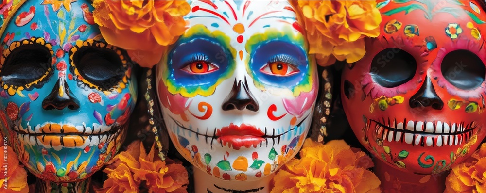 Vibrant celebration of Day of the Dead with colorful skulls, marigold flowers, and intricate face paint. A cultural tribute to life.