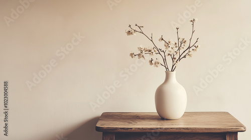 White porcelain vase with no flowers, sitting alone on a rustic wooden side table, clean beige wall as the backdrop