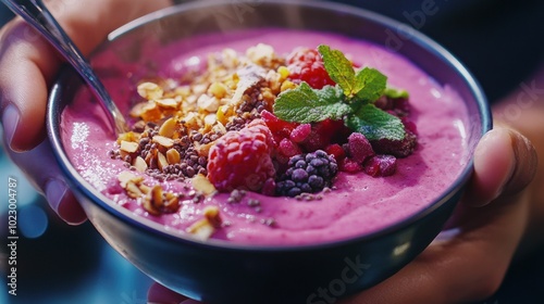 Close-up of a Bowl of Pink Smoothie Topped with Berries and Nuts photo