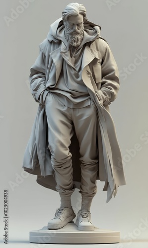 Gray sculpture of a man with beard.