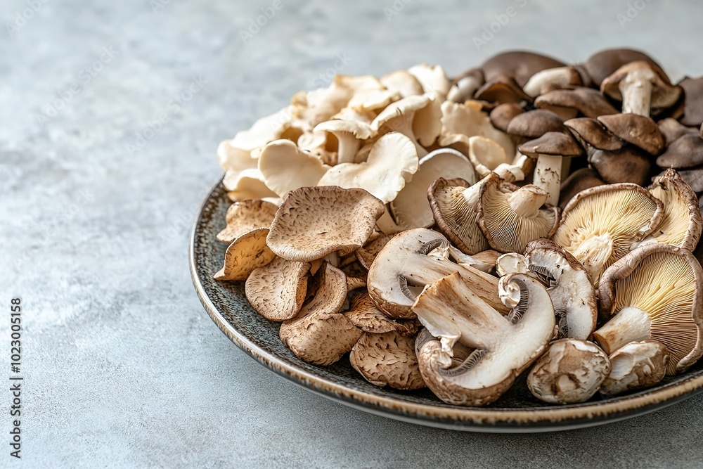 Assorted fresh mushrooms on plate, variety of organic textures Assorted fresh mushrooms on plate, variety of organic textures