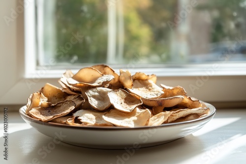 Sunlit plate of crispy mushroom chips on windowsill, healthy sna photo