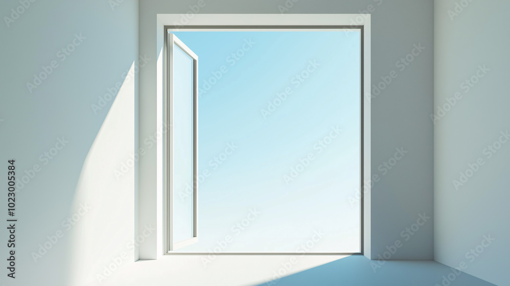 Wide-open window with clear blue sky outside, creating a bright, airy feel against an empty wall Minimalism and space, highlighting the contrast between inside and outside Wide-open window with clear blue sky outside, creating a bright, airy feel against an empty wall Minimalism and space, highlighting the contrast between inside and outside