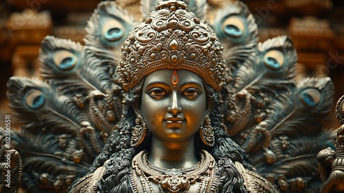 Close-up of a Golden Hindu Deity Statue with Peacock Feathers.