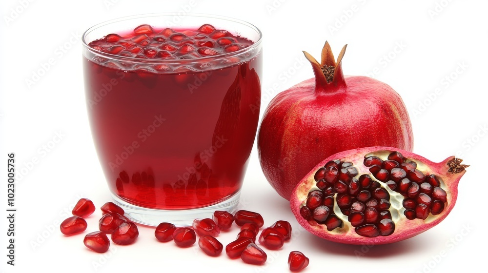 A glass of ruby-red pomegranate juice, topped with fresh pomegranate seeds, sits on a plain white backdrop. A glass of ruby-red pomegranate juice, topped with fresh pomegranate seeds, sits on a plain white backdrop.