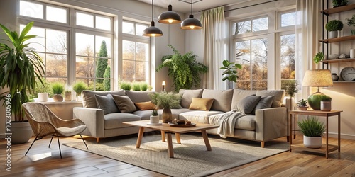 Explore a modern Scandinavian living room designed for comfort, showcased through 3D illustrations. Discover home decor inspiration that blends cozy aesthetics with contemporary style.