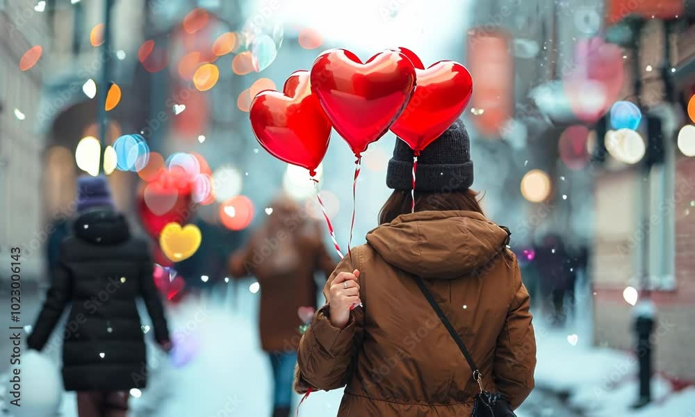 Girl walking down the street with three heart shaped balloons is snowing. Valentine's Day