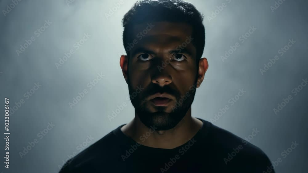 Thoughtful young man gazing upwards in dramatic lighting Thoughtful young man gazing upwards in dramatic lighting