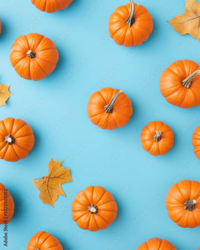 Halloween flat lay template with pumpkins on blue background Halloween flat lay template with pumpkins on blue background