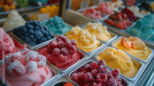 Display case with Italian gelato ice cream. Assortment of different flavors and colors. Dessert. Ice cream. Gelato 