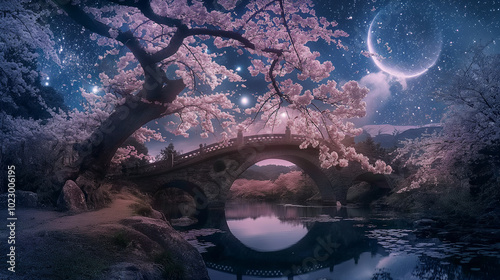 Peach blossom tree under the moonlight