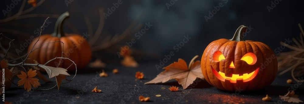 Fototapeta premium Halloween pumpkin glowing on a spooky night background