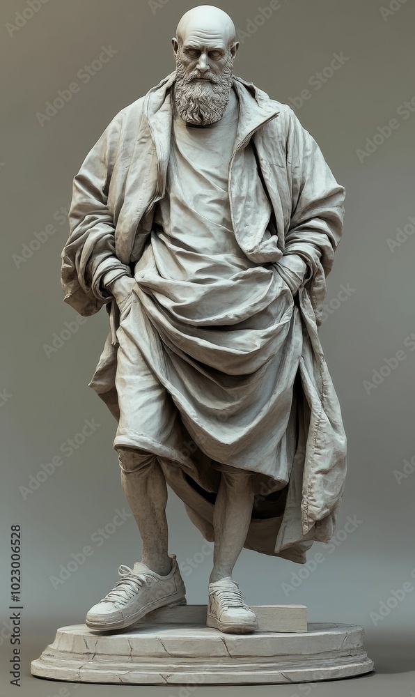 A white statue of a man in sneakers. A white statue of a man in sneakers.