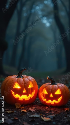 Two carved pumpkins glowing in a spooky forest at night