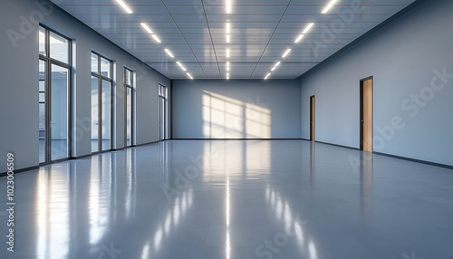Empty modern interior space with polished floor, large windows, and bright ceiling lights for versatile use