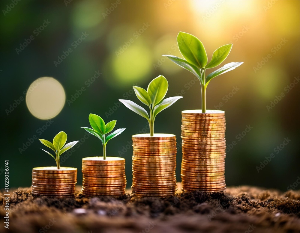 Nature's metaphor for financial success: Coins sprouting with green leaves Nature's metaphor for financial success: Coins sprouting with green leaves