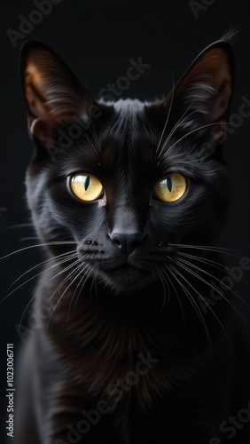 Black cat staring with intense yellow eyes on black background