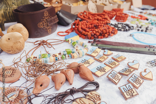 Colorful handcrafted accessories displayed at a vibrant market during daylight with various unique items for sale
