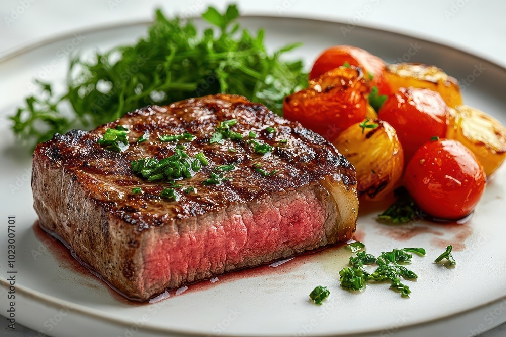 Perfectly Grilled Medium-Rare Steak with Roasted Cherry Tomatoes and Fresh Herbs Garnished on a White Plate for Gourmet Dining Experience Perfectly Grilled Medium-Rare Steak with Roasted Cherry Tomatoes and Fresh Herbs Garnished on a White Plate for Gourmet Dining Experience