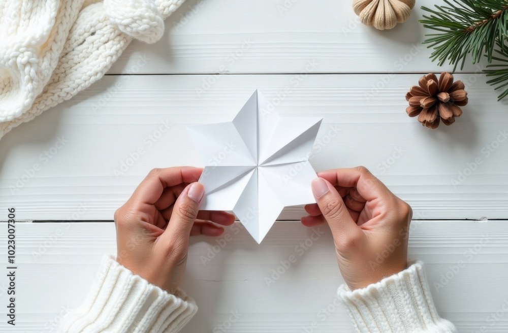 Woman making origami christmas star decoration at white desk Woman making origami christmas star decoration at white desk