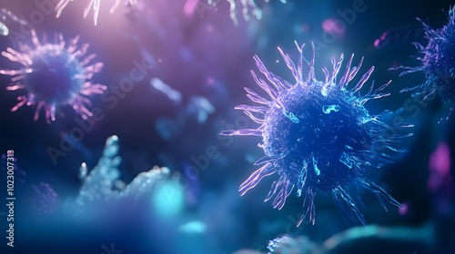 A blue background with many realistic, transparent blue viruses