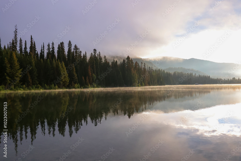 Fototapeta premium the steaming lightning lake in British Columbia in the early morning sunlight, while the forest is reflected in the calm water surface