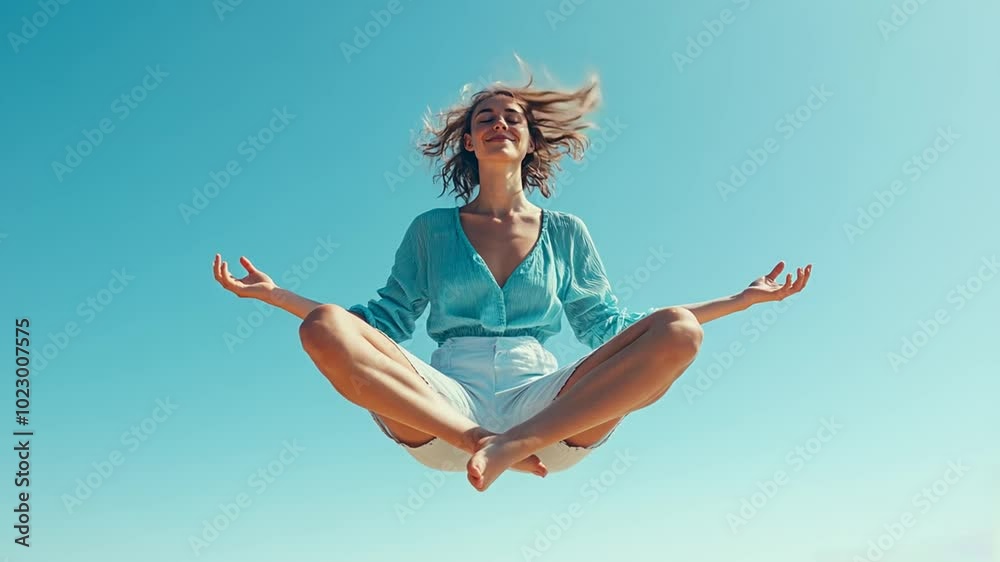Meditating woman levitating in the sky in a serene pose Meditating woman levitating in the sky in a serene pose