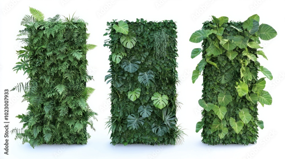 Obraz premium Set of three green garden walls with dense foliage against an isolated white background