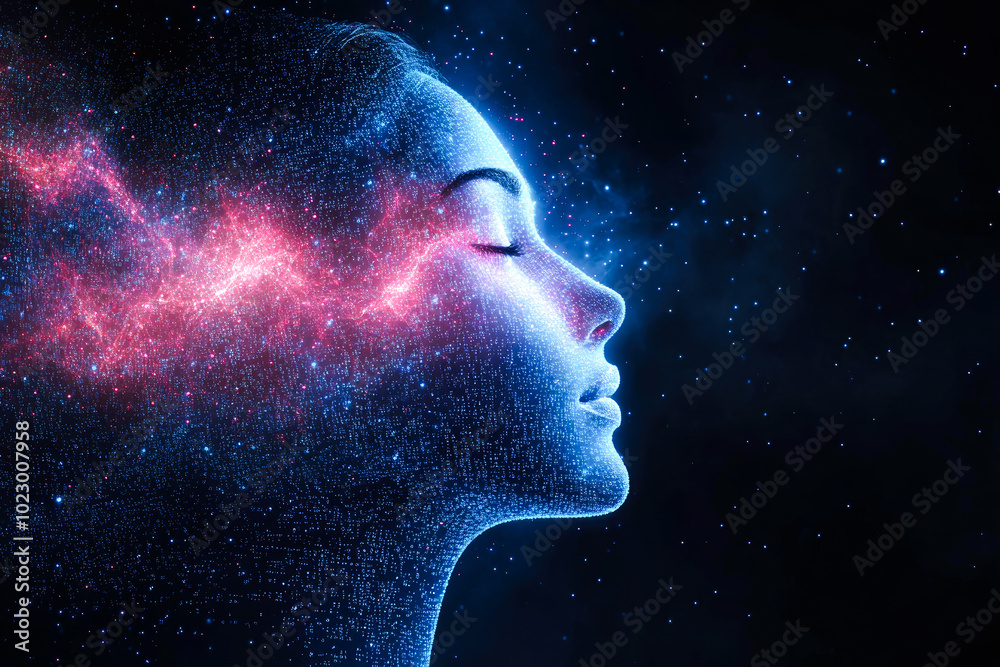 Stunning art piece depicting a cosmic profile with sparkling effects, capturing the intersection of humanity and the universe. Stunning art piece depicting a cosmic profile with sparkling effects, capturing the intersection of humanity and the universe.