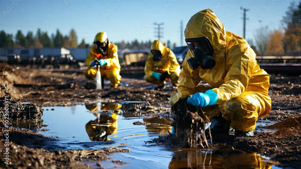 Workers in protective gear assess contamination at a cleanup site in autumn Workers in protective gear assess contamination at a cleanup site in autumn