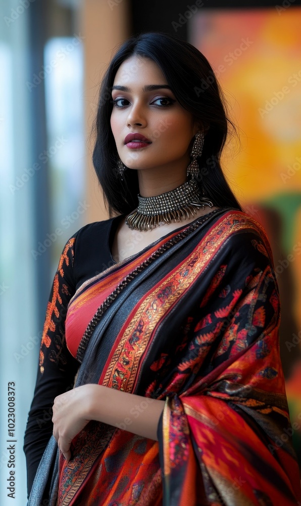 A woman in a colorful saree with a necklace.