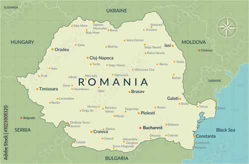 Romania political map with major cities and neighboring countries. Romania map for presentations, posters, reports, infographics