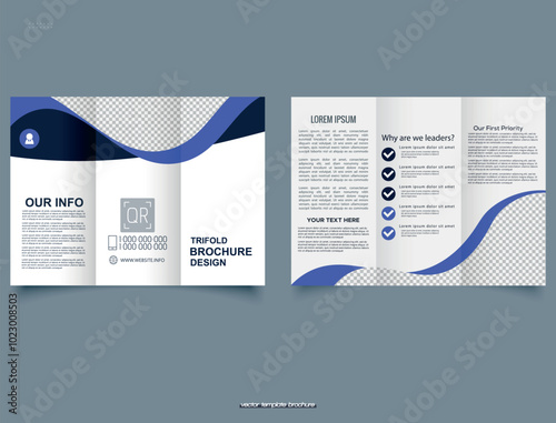 Winter. Trifold brochure with blue design elements. This stylish trifold brochure template showcases a sleek design enhanced by elegant blue wave accents