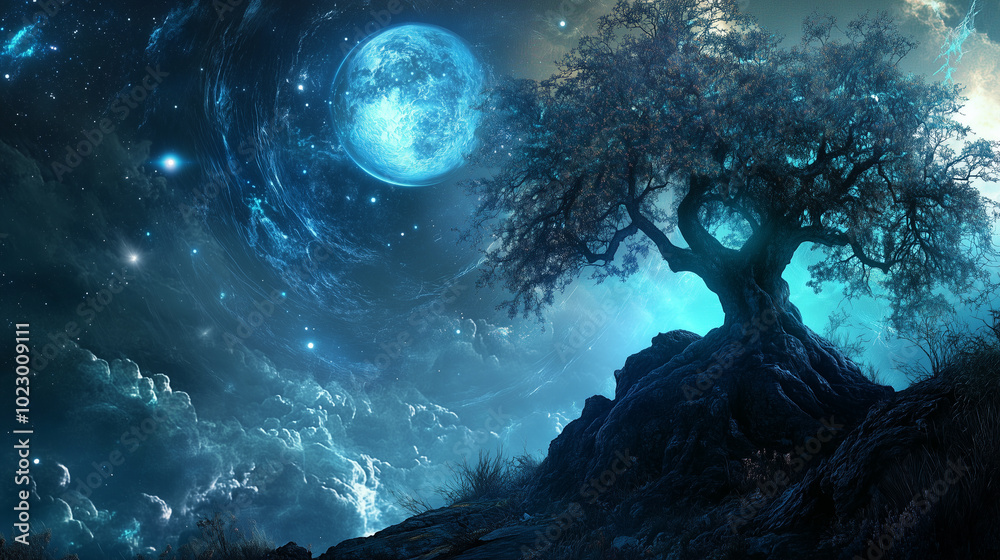 Blue moon and lonely tree landscape Blue moon and lonely tree landscape
