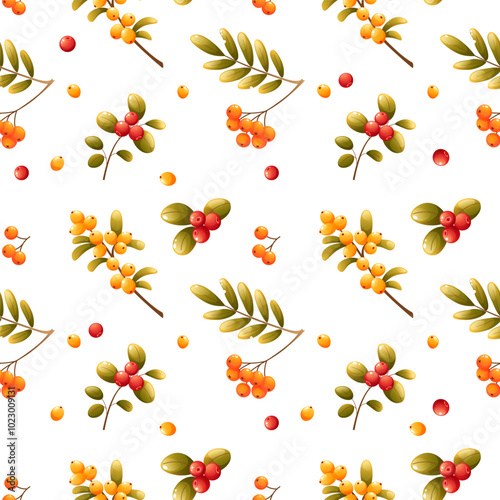 Seamless pattern of autumn elements, leaves, rowan berries, lingonberries, sea buckthorn on a white background. Suitable for seasonal autumn and winter holidays, Thanksgiving, Christmas.