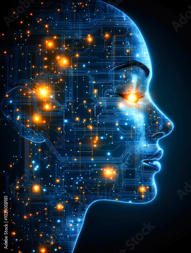 A futuristic digital face design illuminated with blue circuitry and glowing orange lights, embodying human-machine connectivity. photo