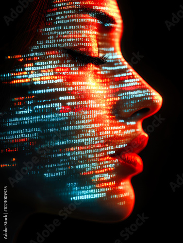 A compelling portrait shows binary numbers cascading over a face in vibrant reds, symbolizing digital immersion and emotion. photo