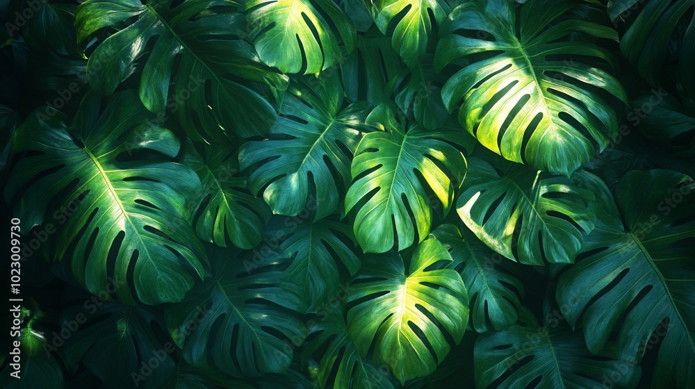 A close-up shot of lush green monstera leaves illuminated by sunlight, creating a vibrant and textured background. A close-up shot of lush green monstera leaves illuminated by sunlight, creating a vibrant and textured background.