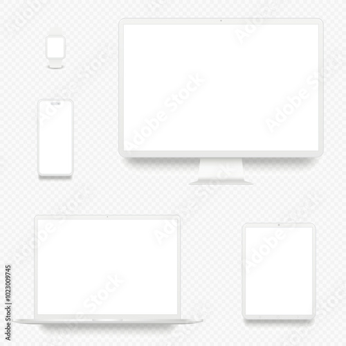 White computer screen, laptop, smartphone, tablet pc and smart watch mockup set isolated on transparent background