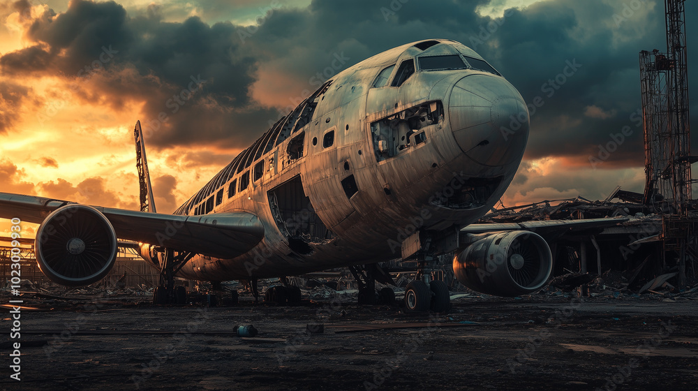 Ruined airplane on a destroyed airport at sunset Ruined airplane on a destroyed airport at sunset